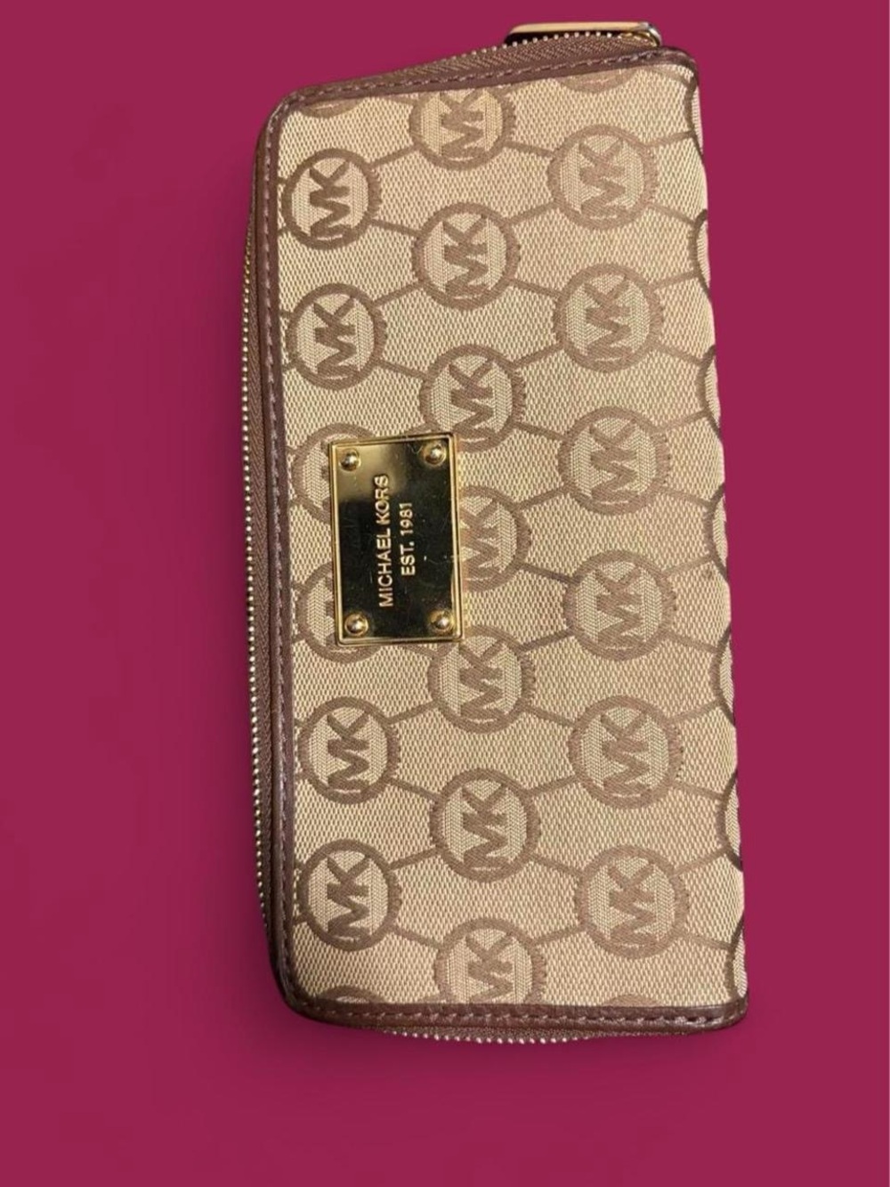 Michael Kors Beige Monogram Zip Wallet with Gold Plaque